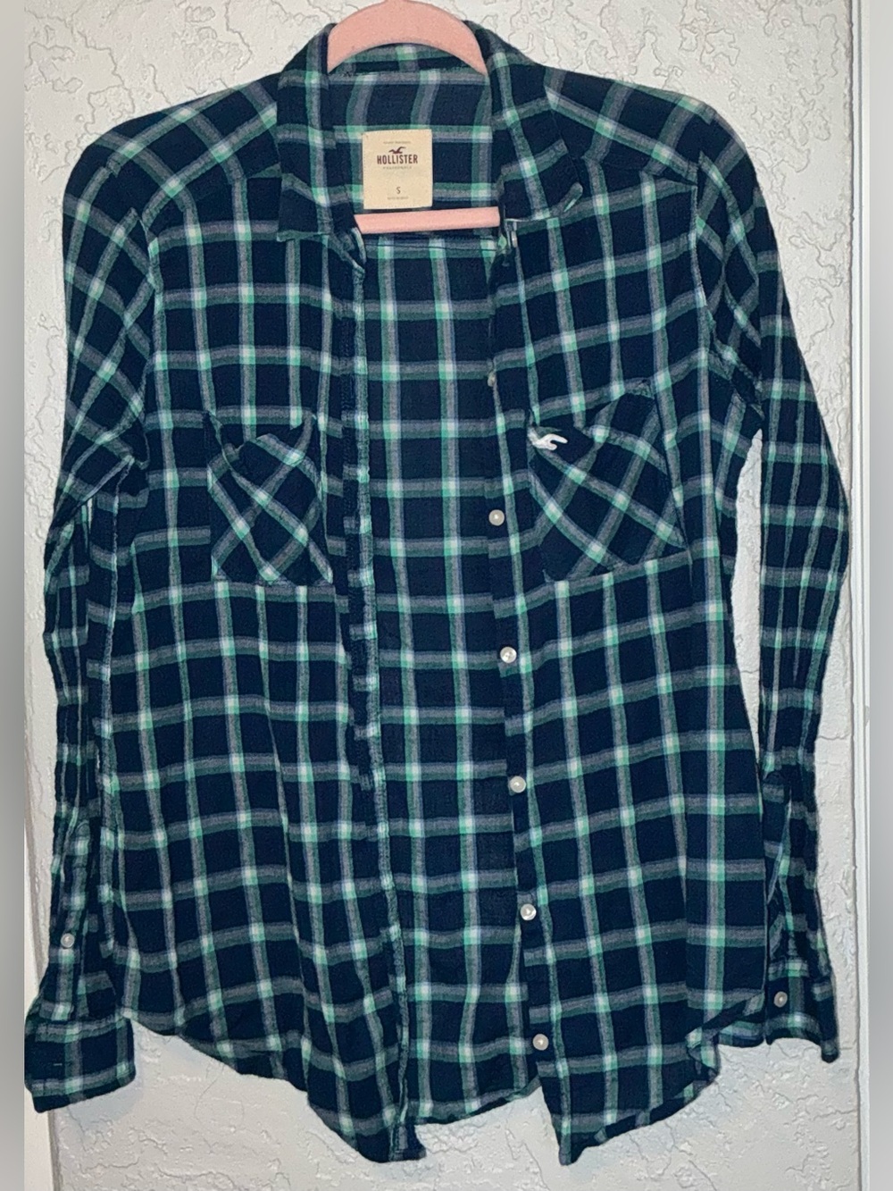 Hollister Navy and Green Plaid Button-Down Shirt